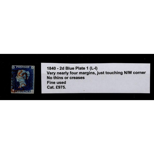 2792 - GB - 1840 2d Blue Plate 1 (L-I) very nearly four margins, just touching N/W corner, no thins or crea... 