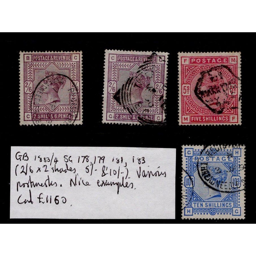 2801 - GB - 1883-84 QV high values, SG178 & 179 2/6d shades, SG181 5s, SG183 10s, various pmks, cat £1160. ... 