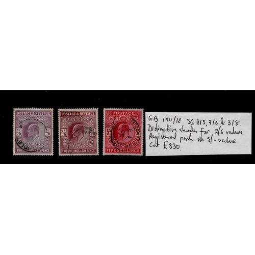 2805 - GB - 1911/12 EDVII high values, SG315 & 316 2/6d distinctive shades, SG318 5s, cat £830  (3)