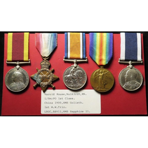 291 - China War Medal 1900 no clasp (H Rouse, LG SEA HMS Goliath), 1915 Star Trio (163220 H Rouse P.O.1.RN... 