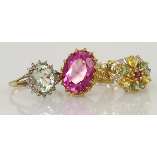 491 - Three 9ct yellow gold mixed gemstone rings, gems include topaz, peridot, quartz and diamond, weight ... 