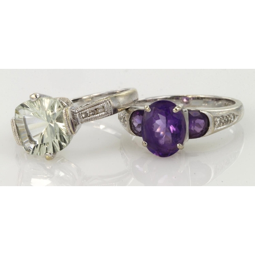 493 - 9ct white gold amethyst three stone ring with diamond shoulders, finger size N, weight 3.7g. 9ct whi... 