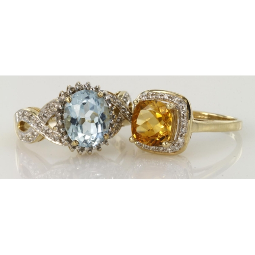 494 - 9ct yellow gold citrine and diamond cluster ring, finger size O, weight 2.5g. 9ct yellow gold blue t... 