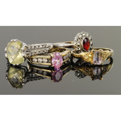 496 - Four 9ct mixed gemstone and paste rings, weight 11.0g