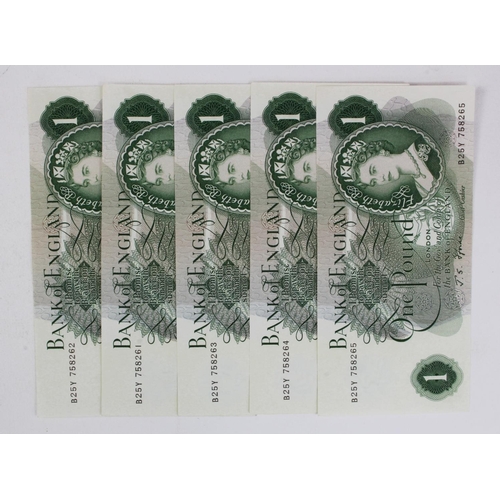 73 - Fforde 1 Pound (5), a consecutively numbered run of FIRST SERIES notes, serial B25Y 758261 to B25Y 7... 