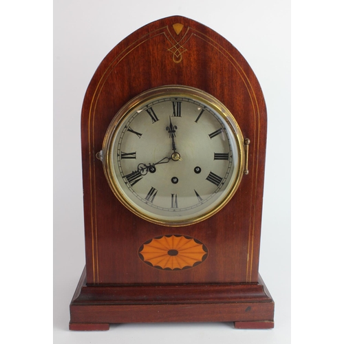 139 - Large mahogany mantel clock with inlaid decoration, circa late 19th to early 20th Century, movement ... 