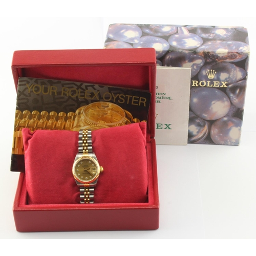 31 - Ladies Rolex oyster perpetual datejust wristwatch, the 26mm gold coloured dial with diamond markers ... 