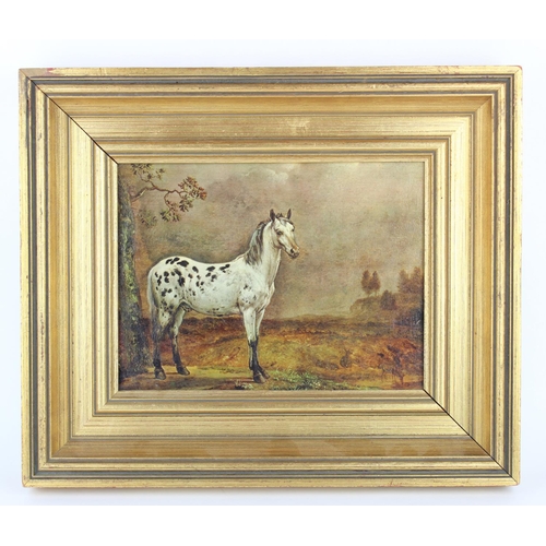 422 - Picture. A decorative picture depicting a white horse stood next to a tree, contained in a gilt fram... 