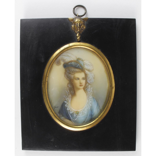 424 - Portrait miniature, depicting a lady wearing a blue dress, with a large feather in her hat, signed b... 