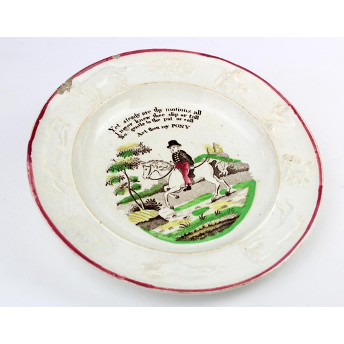 425 - Pottery plate circa early to mid 19th Century, depicting a figure riding a horse with the words 'Yet... 