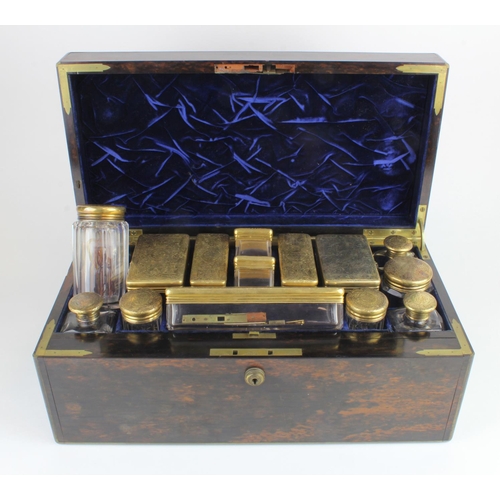 436 - Victorian burr Walnut travelling vanity case, main compartment complete with glass jars each with mo... 