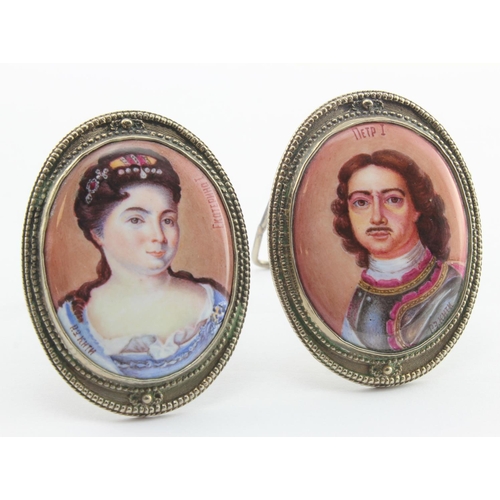 446 - Two hand-painted portrait miniatures depicting Russian Royalty (Peter the Great & Catherine I), both... 