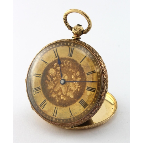 76 - Ladies 14ct cased fob watch, the gilt dial with black roman numerals and foliage decoration. Approx ... 