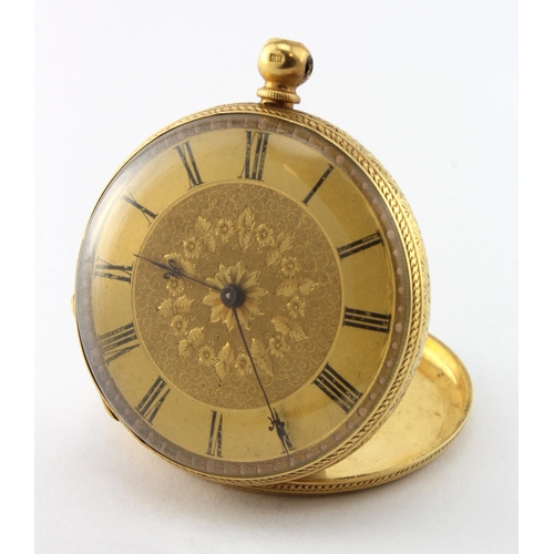 92 - Ladies 18ct cased pocket watch, the gilt dial with black roman numerals and foliage decoration. Appr... 