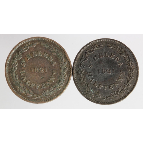 1006 - St Helena 2x copper Halfpenny's 1821 GF-VF, a few edge knocks.