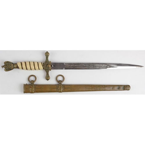 1100 - German WW2 Naval Dagger with scabbard, top of handle with slight bend, grip cracked. Blade maker mar... 