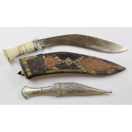 1107 - Knives - Kukri - bone handle with Charmak Knife, better than average in a decorated sheath. Silver p... 