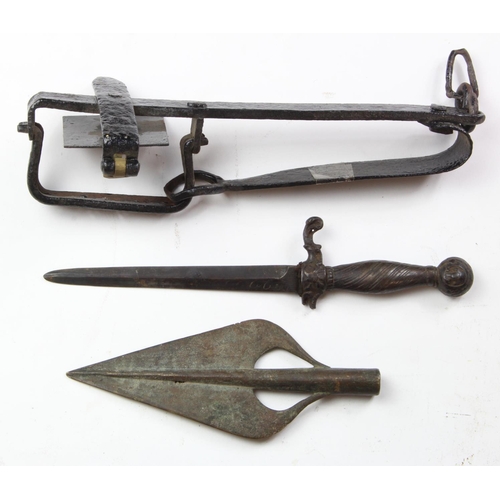 1111 - Miscellaneous lot - an old iron Gin Trap, an old Spear Head and an old Steel Dagger (one quillon bro... 