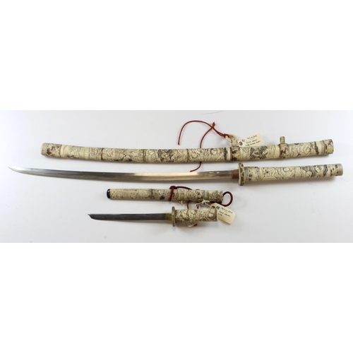 1182 - Swords - decorated bone mounted Katana and Tants. Katana, double handed. Blade 28.5