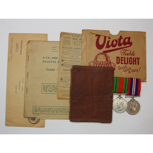 1483 - ATS Defence and War medals with soldiers service and paybook, ATS release book, service documents ra... 