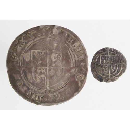 163 - Edward VI (2): Base Penny, York Mint S.2475 F, and Fine Silver Shilling 1551-1553 mm. Tun S.2482, cr... 