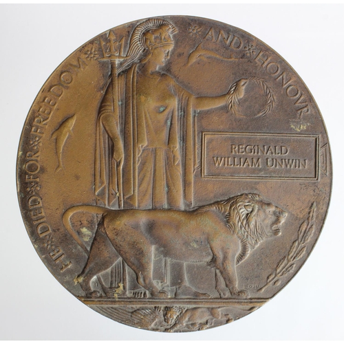 1728 - Death Plaque for 2.Lieut Reginald William Unwin 11th Bn London Regt. Killed In Action 8/10/1916 attd... 