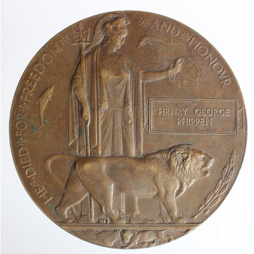 1735 - Death Plaque for Lieut Henry George Phippen 4th Bn Gloucestershire Regt. Died of Wounds 9/11/1916. B... 