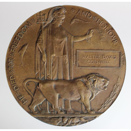 1746 - Death Plaque to 13899 L/Sgt Walter David Cornwell 8th Bn Suffolk Regt. Killed In Action 20 July 1916... 