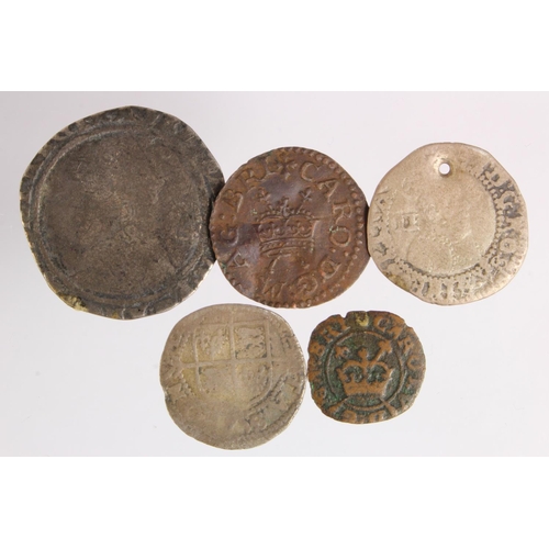 175 - Hammered English pieces, 1573 clipped sixpence, holed James I silver halfgroat, Elizabeth I silver h... 