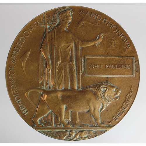 1755 - Death Plaque to 4442 Pte John Paulding 2/5th Bn Lancashire Fus. Killed In Action 3/8/1916. Born Bolt... 