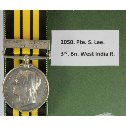 1770 - East and West Africa Medal with Sierra Leone 1898-99 clasp (2050 Pte S Lee 3/W.I.R.). With copy meda... 