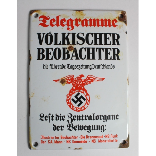 1849 - German enamelled wall plaque VOLKISCHER BEOBACHTER with eagle and swastika below 17cm X 12cm.