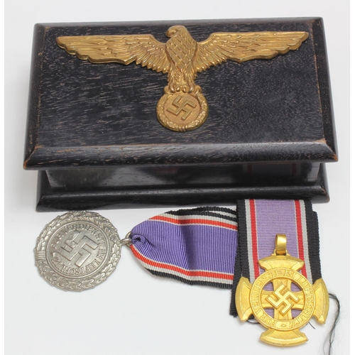 1909 - German Nazi Air Defence Medals x2 different, plus a small desk box with Navy Eagle to lid.  (3)