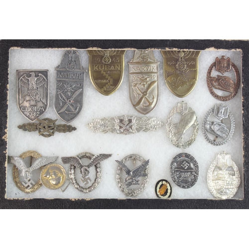 1913 - German Nazi Arm Shields, plus Army and Luftwaffe Badges in display case  (17)