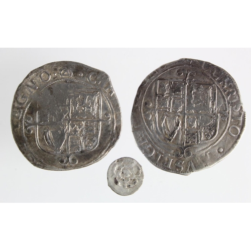 192 - Charles I (3): Halfpenny S.2851 GF, Shillings: S.2799 mm. Triangle (1641-3) short of flan F, and sim... 