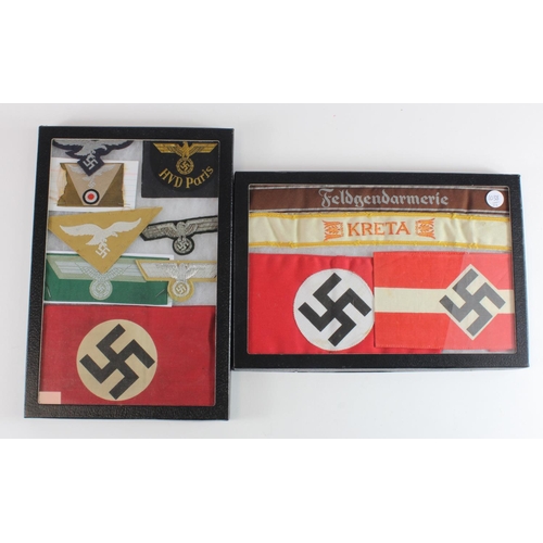 1923 - German Nazi cloth Arm Bands and Cuff Titles and other cloth insignia in display cases x2  (12 items)