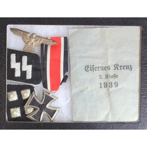 1935 - German Nazi Iron Cross 2nd Class + Packet, SS runic Collar and Cap Eagle in display case