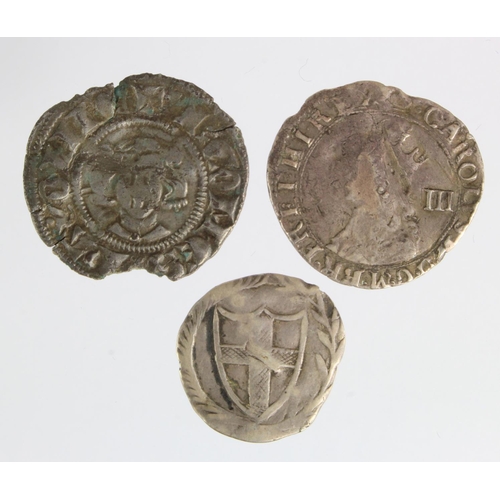 196 - Hammered (3): Commonwealth halfgroat S.3221 F/GF scratched; Charles II threepence mm. Crown S.3325, ... 