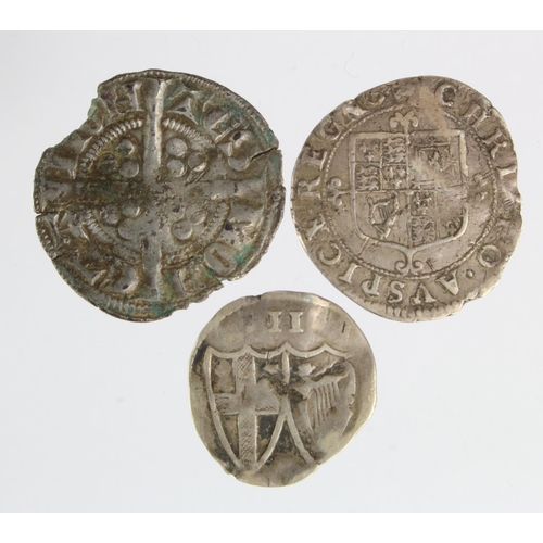 196 - Hammered (3): Commonwealth halfgroat S.3221 F/GF scratched; Charles II threepence mm. Crown S.3325, ... 