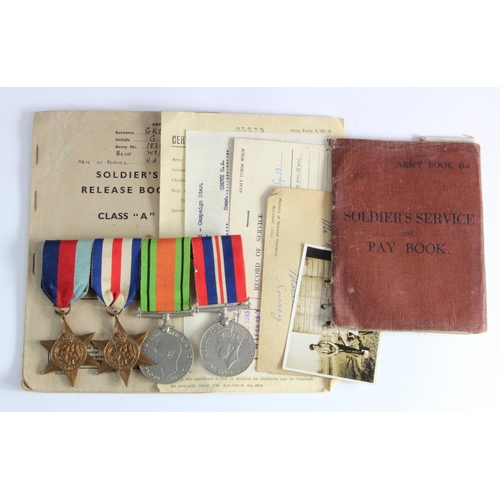 2414 - WW2 Group with 1939-45 Star, F&G Star, Defence and War Medals Soldiers Service & Paybook, Release bo... 