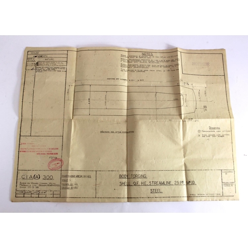 2426 - WW2 Scarce set of ordnance plans for forging the head of HE streamline 25pr Mk.1d shell head dated 1... 