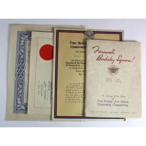 2427 - WW2 scrolls and documents including American Red Cross Service certificates award to George Grumes c... 