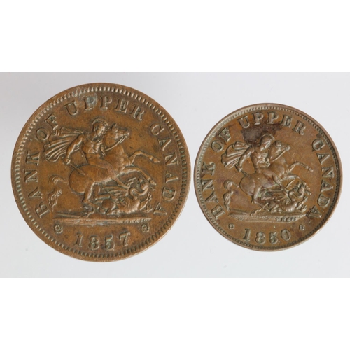 279 - Canada, Bank of Upper Canada copper tokens (2): Penny 1857 GVF-nEF, and Halfpenny 1850 aEF