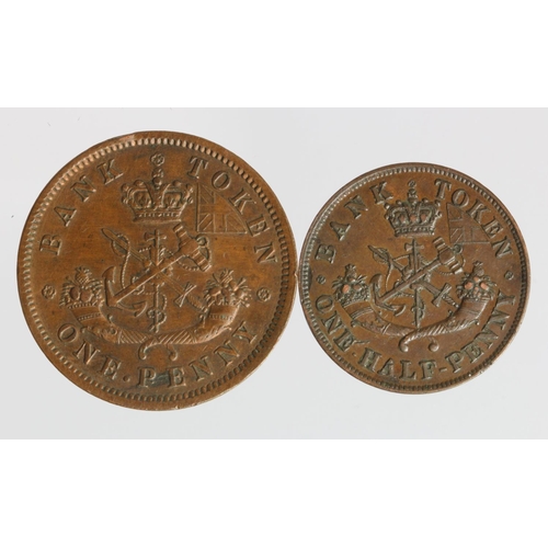 279 - Canada, Bank of Upper Canada copper tokens (2): Penny 1857 GVF-nEF, and Halfpenny 1850 aEF