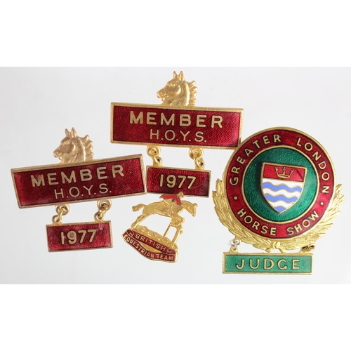 319 - Olympic related badge (British Equestrian Team) + a Judge's badge for Greater London Horse Show + 2 ... 