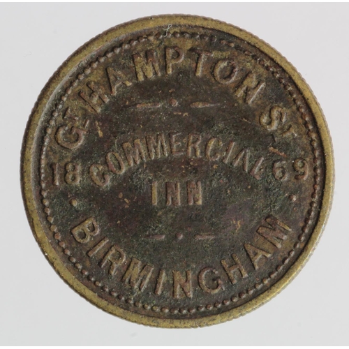 321 - Pub Check: Great Hampton St Commercial Inn, Birmingham 3d 1869 brass d.24mm, dark VF