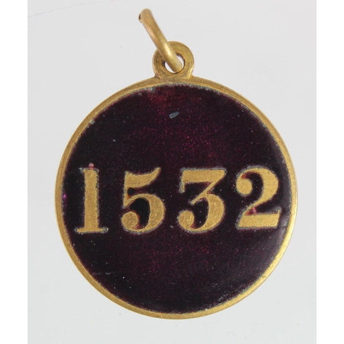 330 - Suffragette related (possibly ) purple enamel & brass medal. Has 1532 on the front. Back reads 