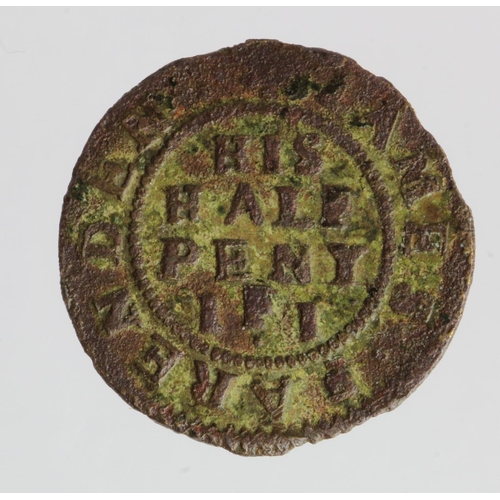 339 - Token, 17thC: Chichester, James Farenden (blacksmith) Halfpenny 1667, Sussex no. 42, porous nF