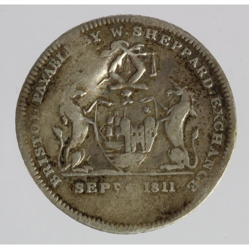 342 - Token, 19thC : Bristol, W. Sheppard silver Sixpence 1811, nVF, slightly creased.