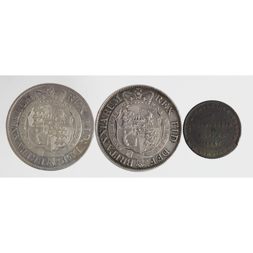 384 - GB Coins (3) Halfcrowns: 1818 nVF, 1819 cleaned VF, and a Farthing token of Norwich 1847 Fair.